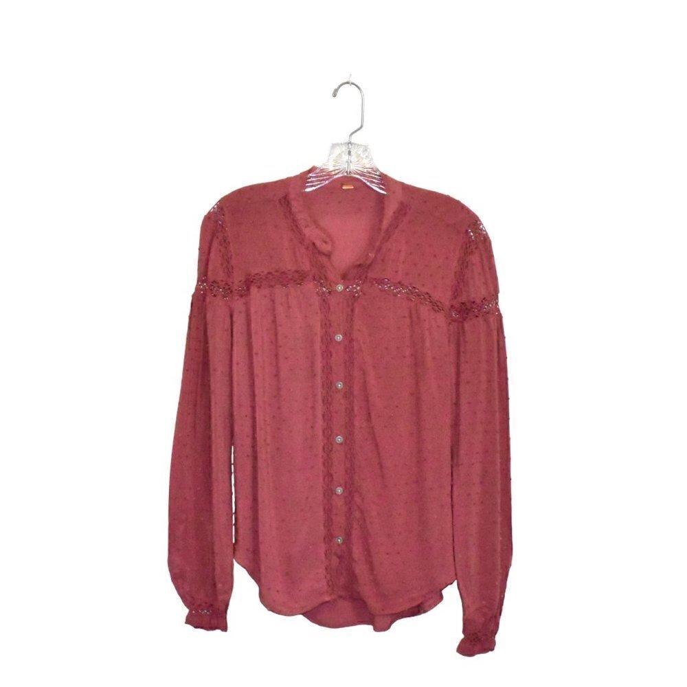 Free People Every Day Every Girl Swiss Dot Long Sleeve Top Button Down Blouse